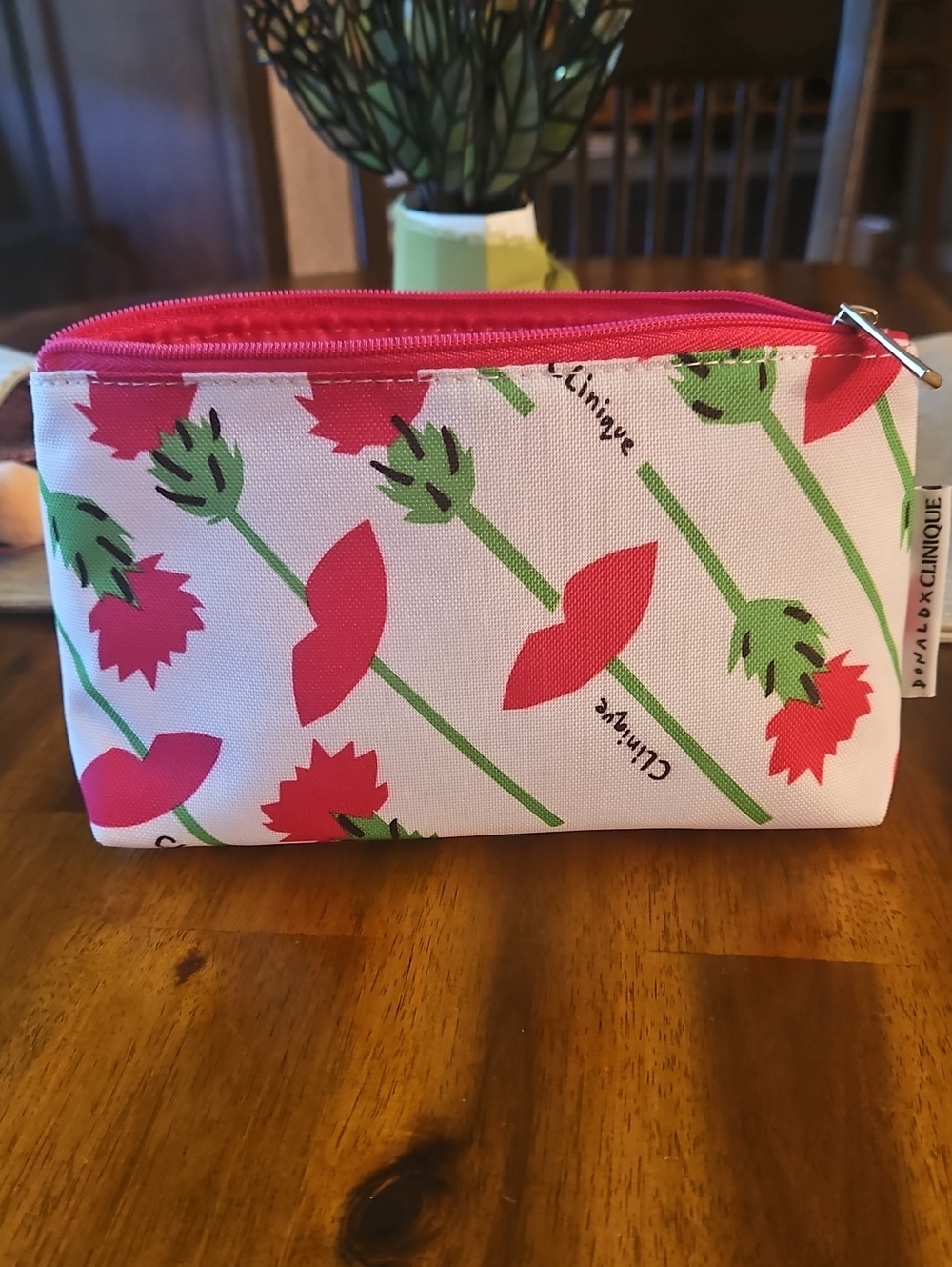 3 for $10 Clinique Pink Floral Zip Cosmetic Pouch with Green Stems